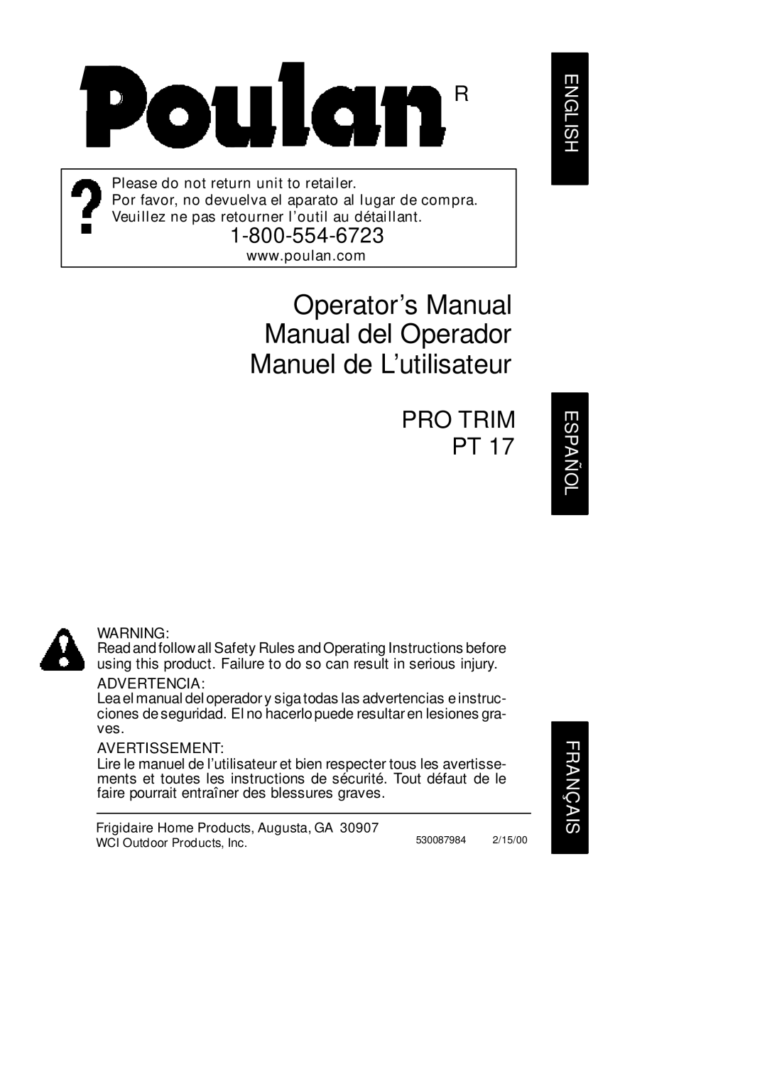 Poulan 530087984 operating instructions English Español Français, Please do not return unit to retailer, Advertencia 