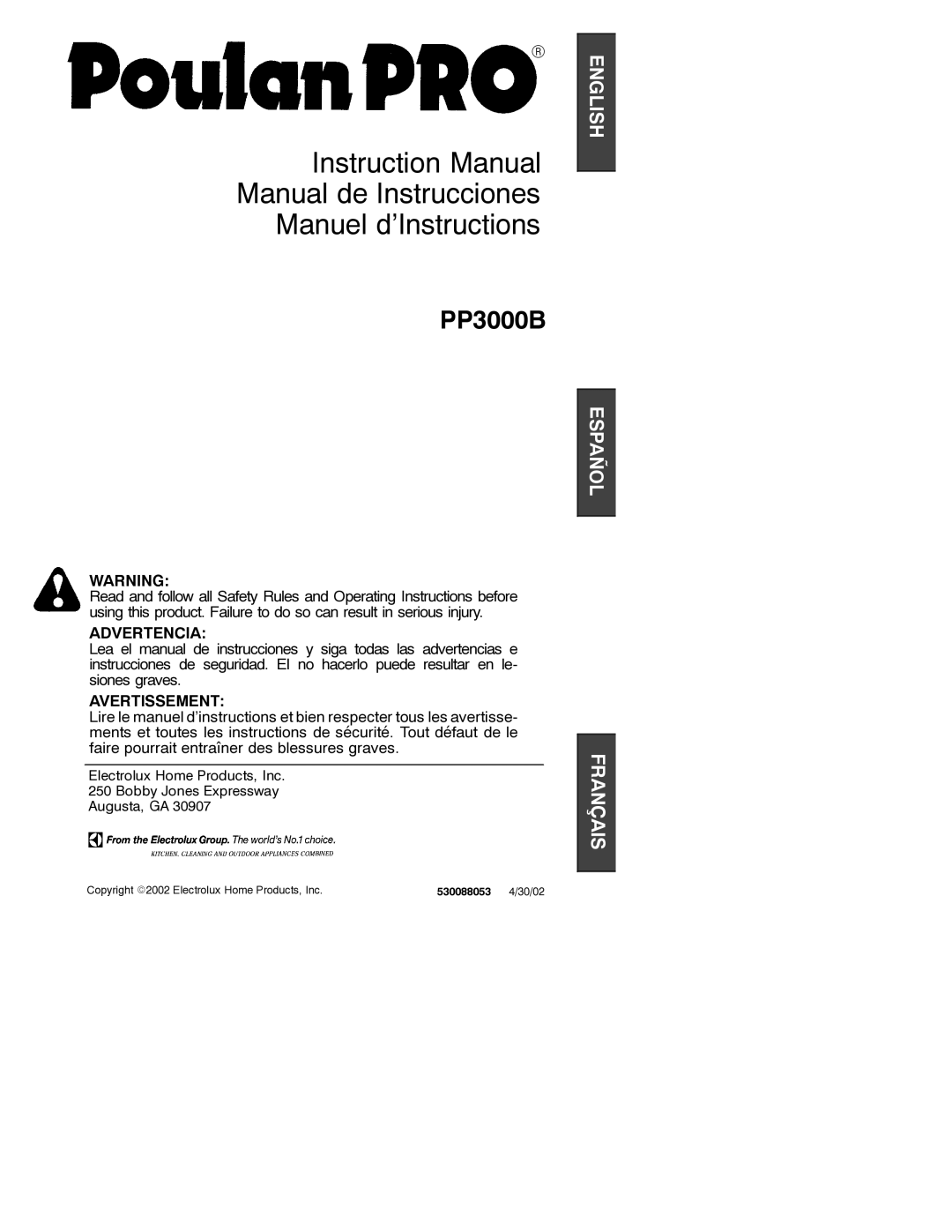 Poulan 530088053 instruction manual Manual de Instrucciones Manuel d’Instructions 