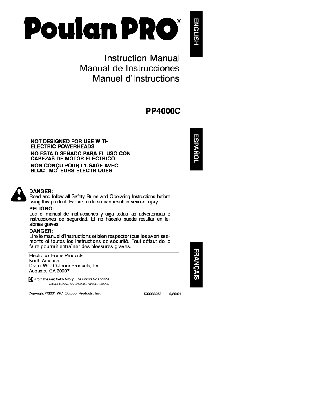 Poulan 530088058 instruction manual Danger, Peligro, PP4000C, Not Designed For Use With Electric Powerheads 