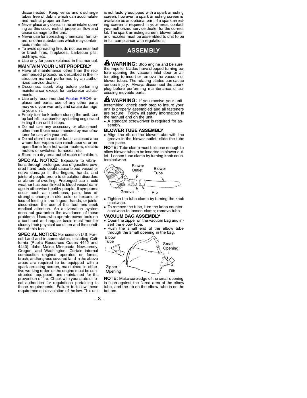 Poulan 530088073 instruction manual Maintain Your Unit Properly, Blower Tube Assembly, Vacuum BAG Assembly 