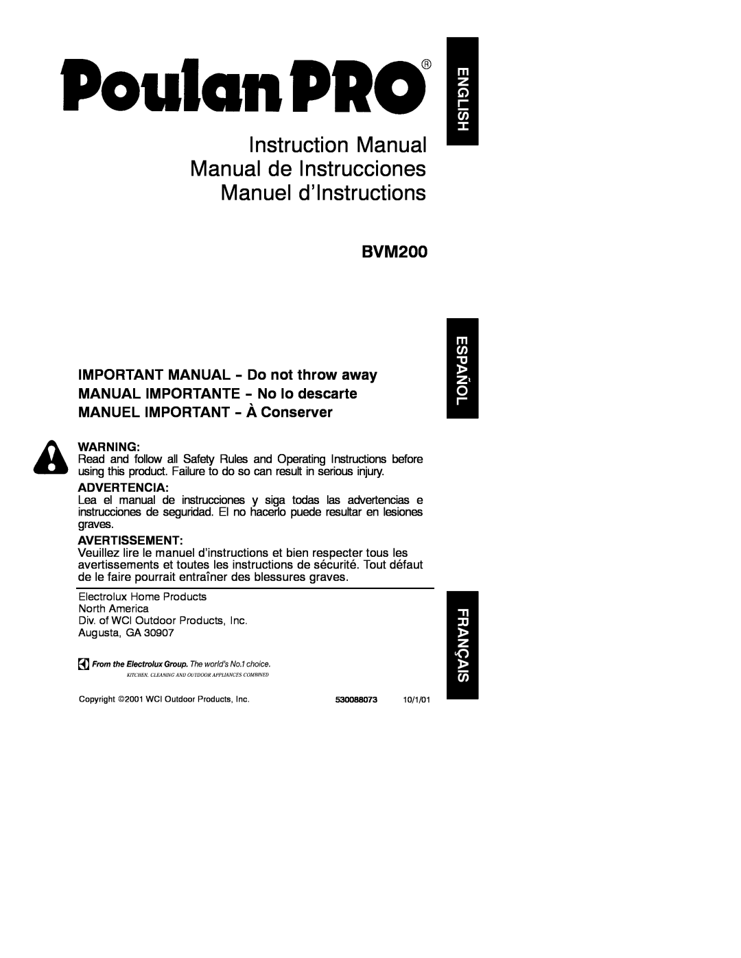 Poulan 530088073 instruction manual Manuel d’Instructions, BVM200, Advertencia, Avertissement 