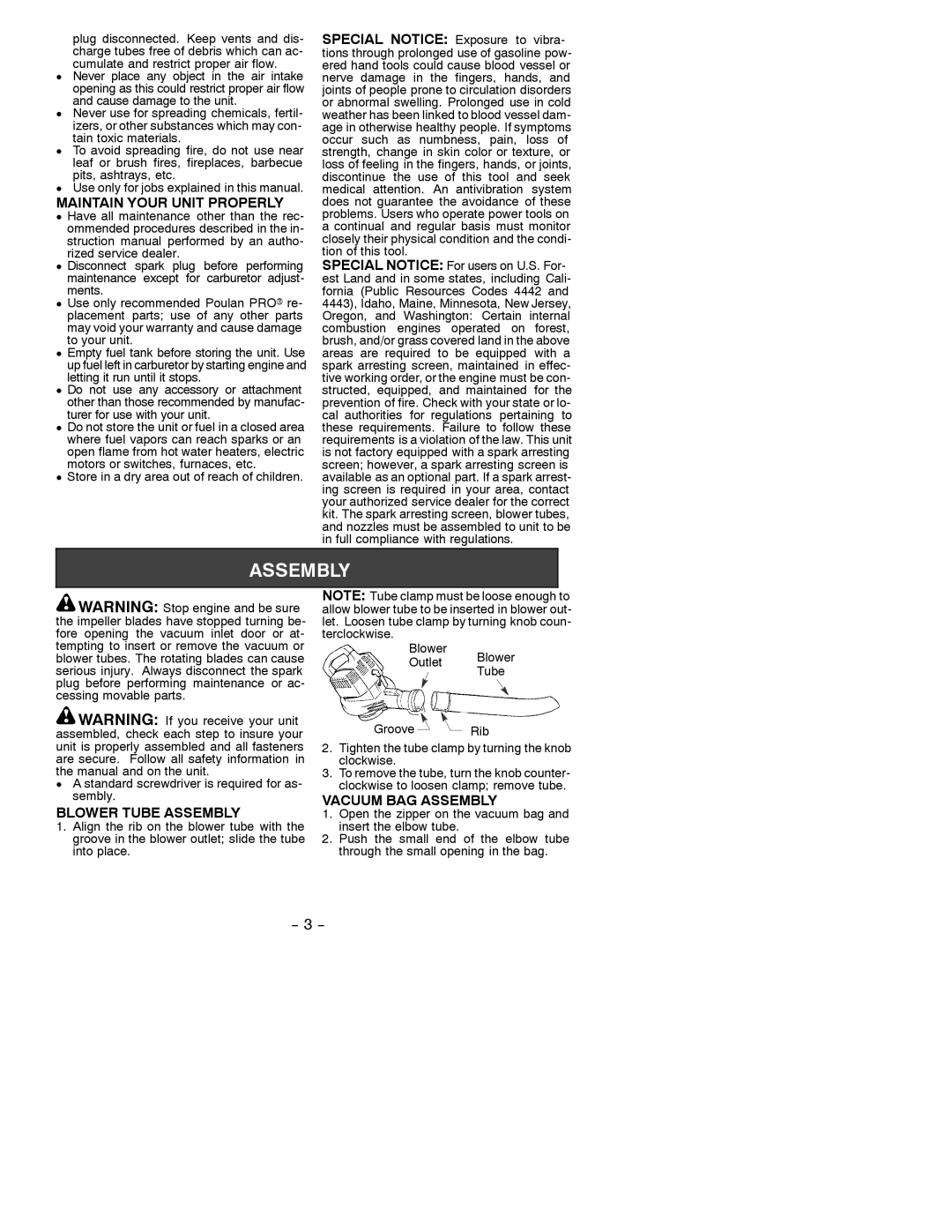 Poulan 530088124 instruction manual Maintain Your Unit Properly, Blower Tube Assembly, Vacuum BAG Assembly 