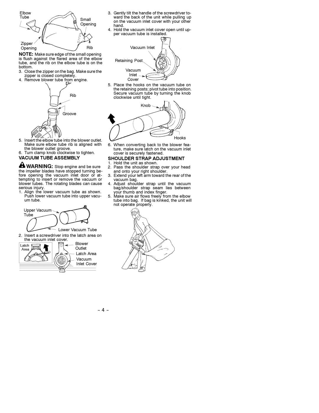 Poulan 530088124 instruction manual Vacuum Tube Assembly, Shoulder Strap Adjustment 