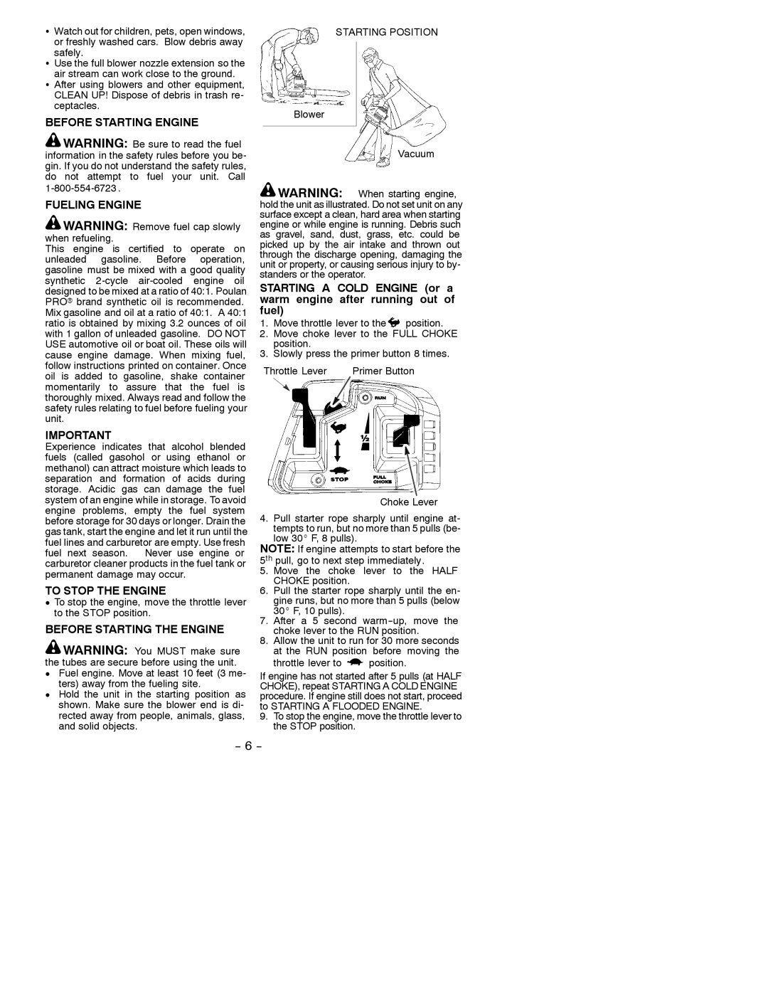 Poulan 530088124 Before Starting Engine Fueling Engine, To Stop the Engine, Before Starting the Engine, Safely 