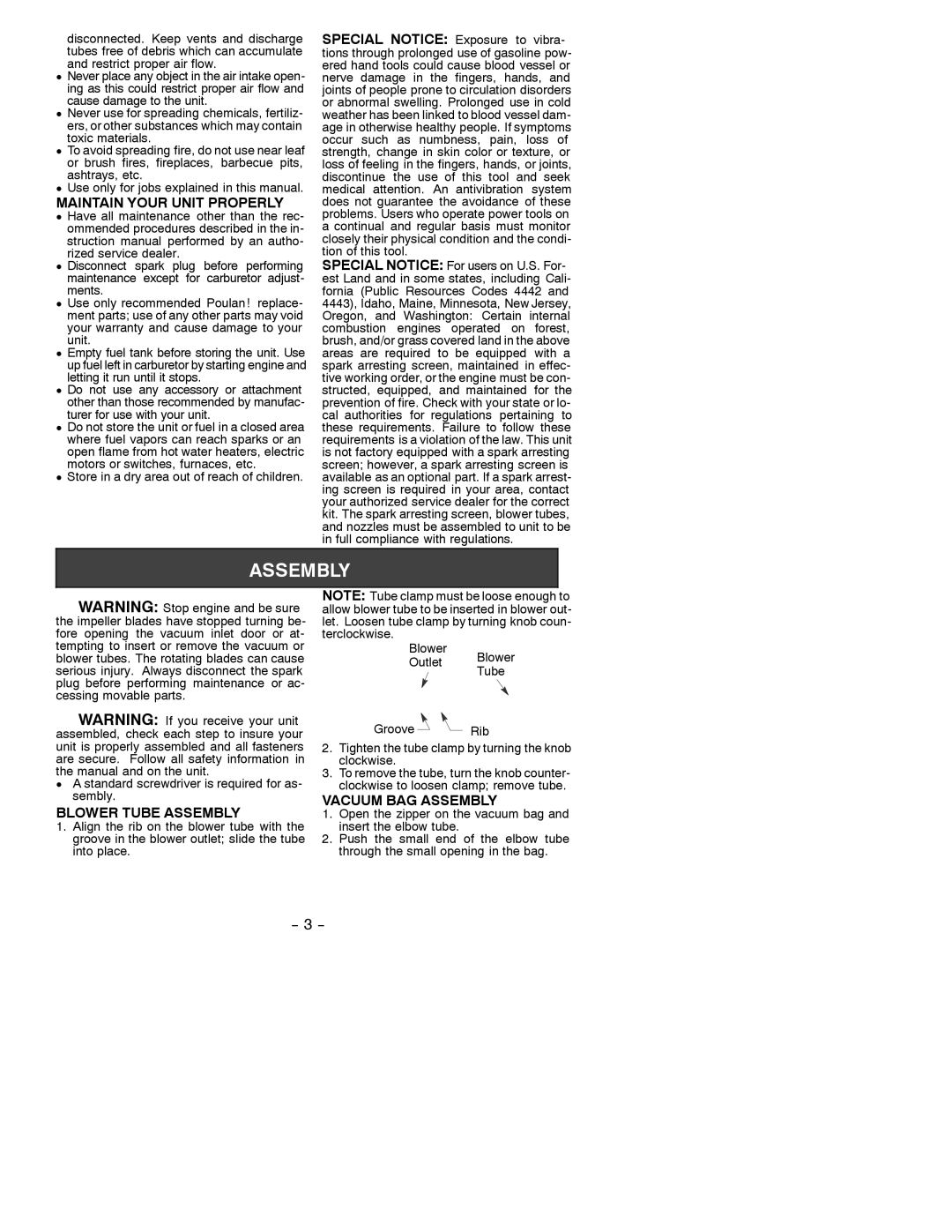 Poulan 530088125 instruction manual Maintain Your Unit Properly, Blower Tube Assembly, Vacuum BAG Assembly 