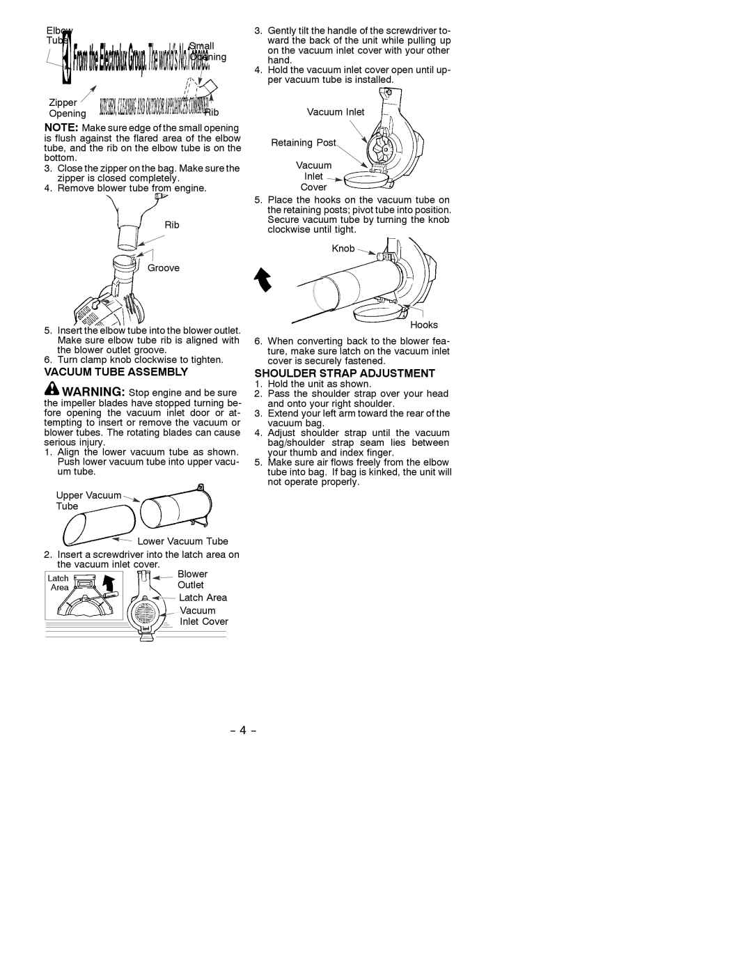 Poulan 530088125 instruction manual Vacuum Tube Assembly, Shoulder Strap Adjustment 