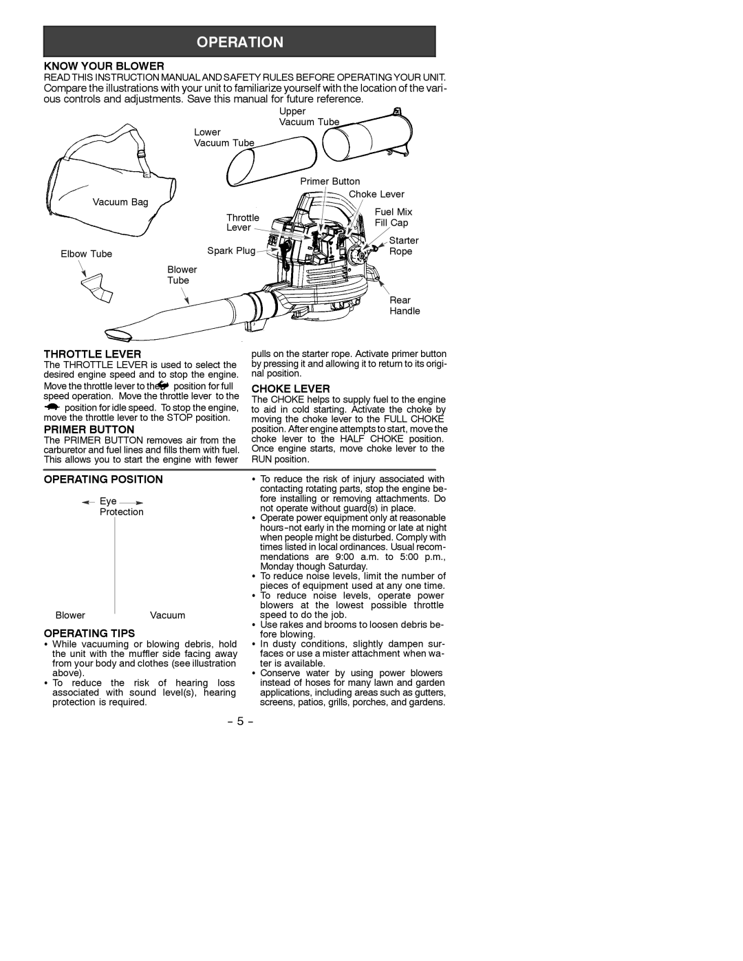 Poulan 530088125 Know Your Blower, Throttle Lever, Choke Lever, Primer Button, Operating Position, Operating Tips 