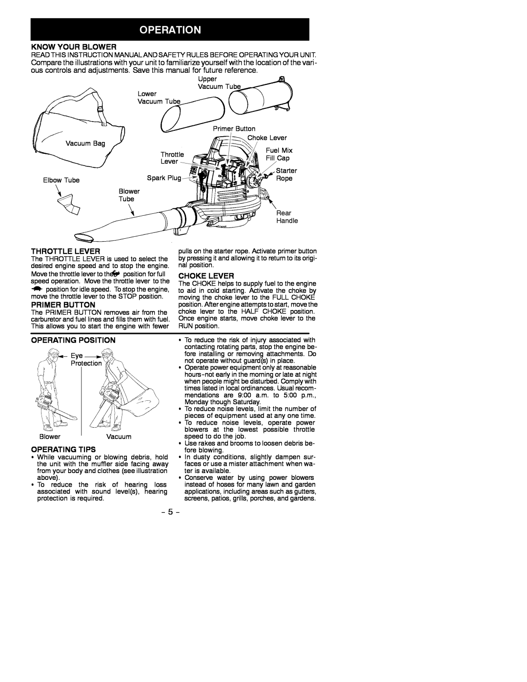 Poulan 530088125 Know Your Blower, Throttle Lever, Choke Lever, Primer Button, Operating Position, Operating Tips 
