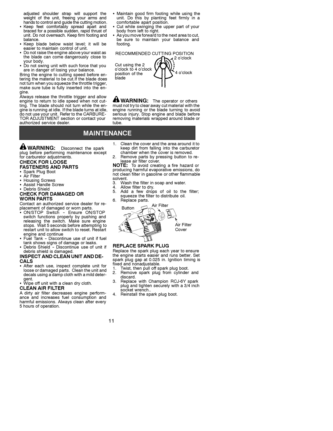 Poulan 530088129 Check for Loose Fasteners and Parts, Check for Damaged or Worn Parts, Inspect and Clean Unit and DE- Cals 