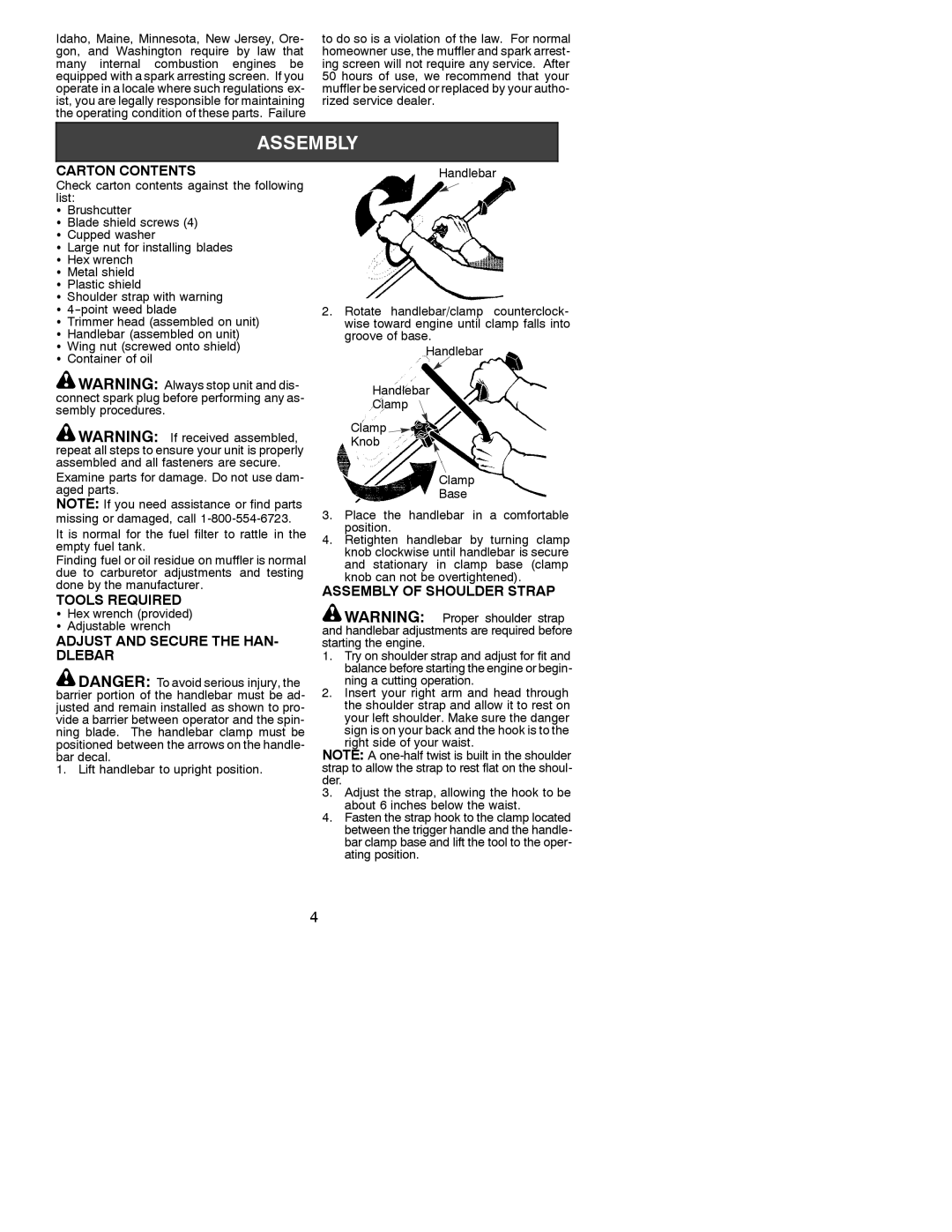 Poulan 530088129 Carton Contents, Tools Required, Adjust and Secure the HAN- Dlebar, Assembly of Shoulder Strap 