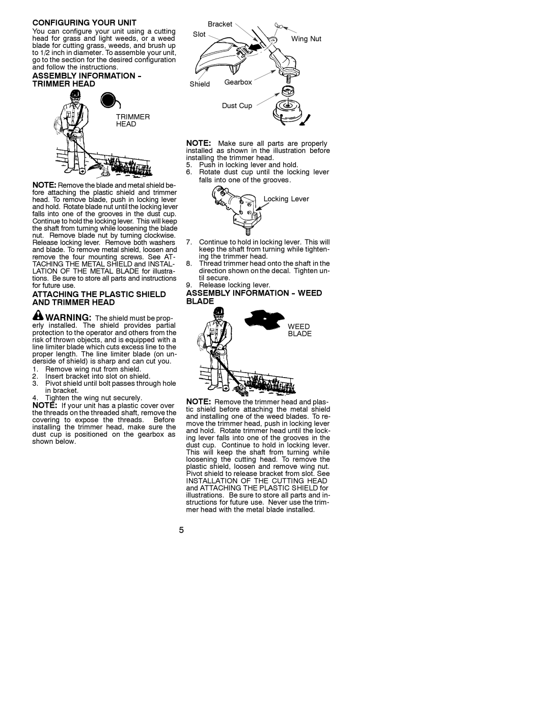 Poulan 530088129 Configuring Your Unit, Assembly Information Trimmer Head, Attaching the Plastic Shield and Trimmer Head 