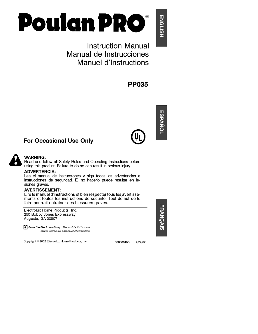 Poulan 530088155 instruction manual Manual de Instrucciones Manuel d’Instructions 