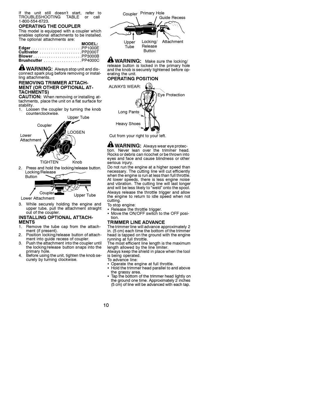 Poulan 530088155 Operating the Coupler, Installing Optional ATTACH- Ments, Operating Position, Trimmer Line Advance 