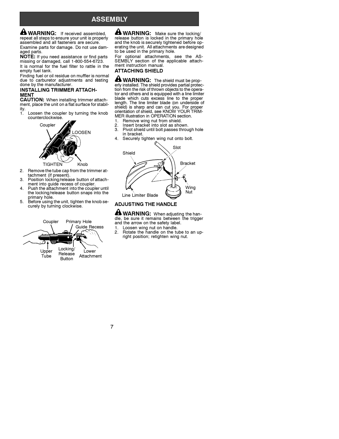 Poulan 530088155 Installing Trimmer ATTACH- Ment, Attaching Shield, Adjusting the Handle, Release, Tube Attachment Button 