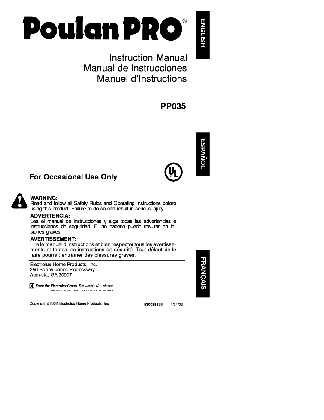 Poulan 530088155 instruction manual Advertencia, Avertissement, PP035, For Occasional Use Only 