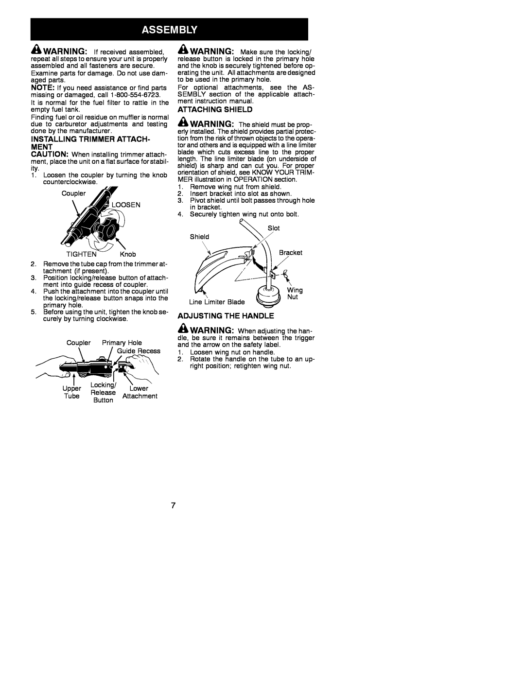 Poulan 530088155 instruction manual Installing Trimmer Attach- Ment, Attaching Shield, Adjusting The Handle 