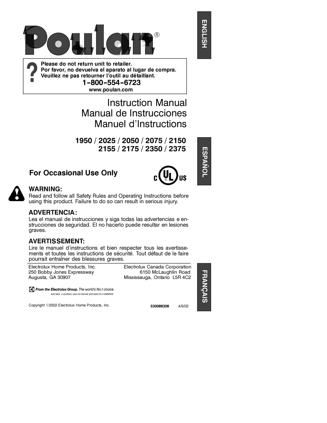 Poulan 530088308 instruction manual Manual de Instrucciones Manuel d’Instructions, Mississauga, Ontario L5R 4C2 