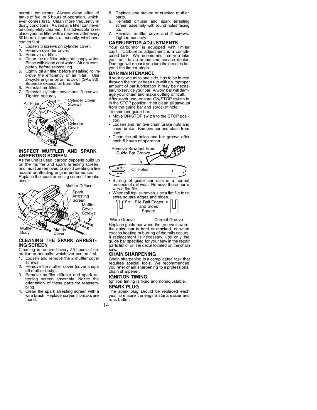 Poulan 530088308 Inspect Muffler and Spark Arresting Screen, Cleaning the Spark ARREST- ING Screen, Carburetor Adjustments 