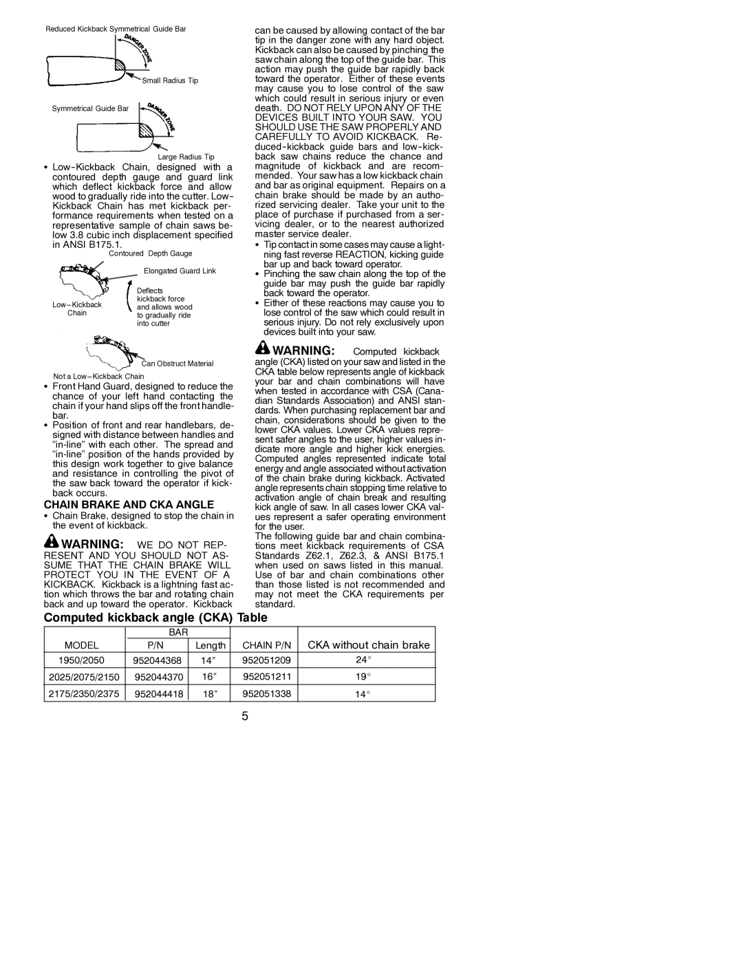 Poulan 530088308 instruction manual Chain Brake and CKA Angle 