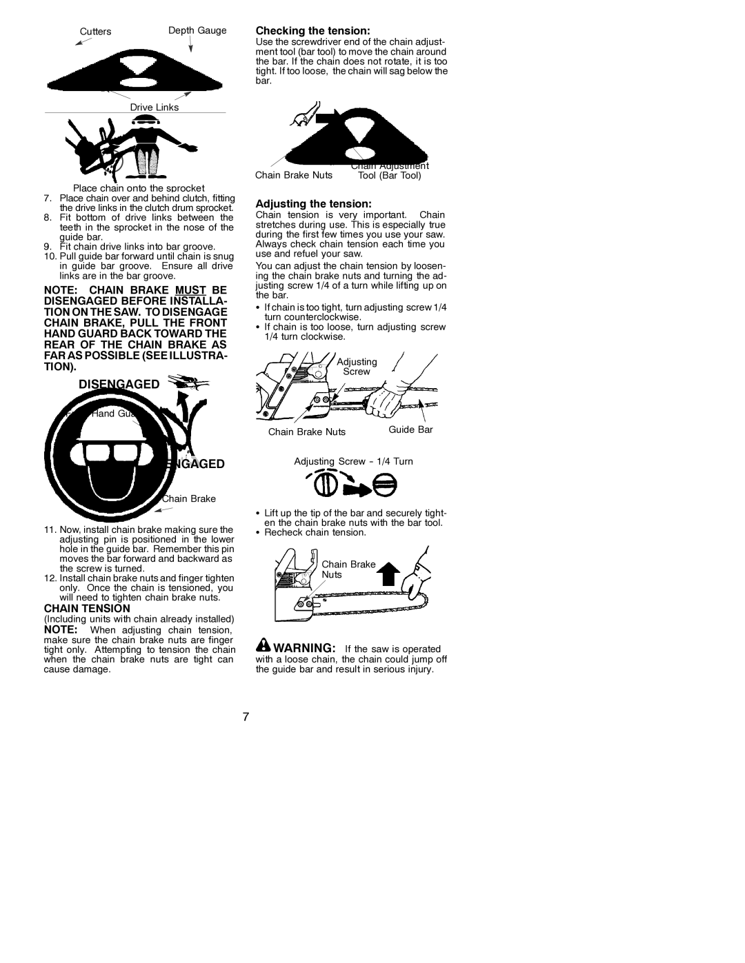 Poulan 530088308 instruction manual Checking the tension, Chain Tension, Adjusting the tension 