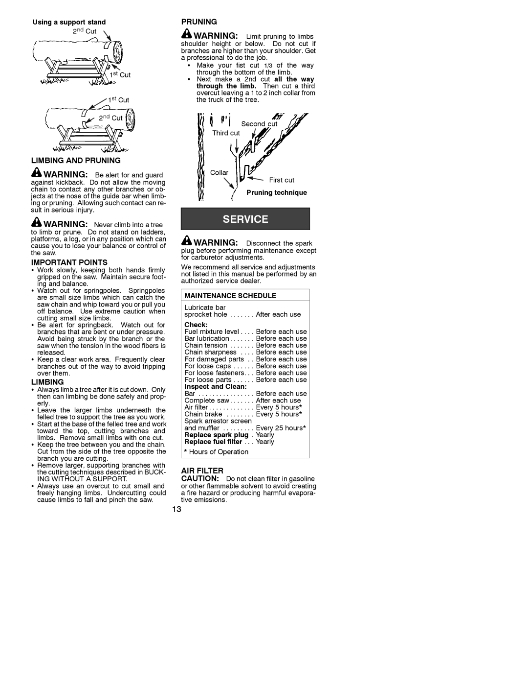 Poulan 2002-06, 530088310 instruction manual Limbing and Pruning Important Points, AIR Filter 