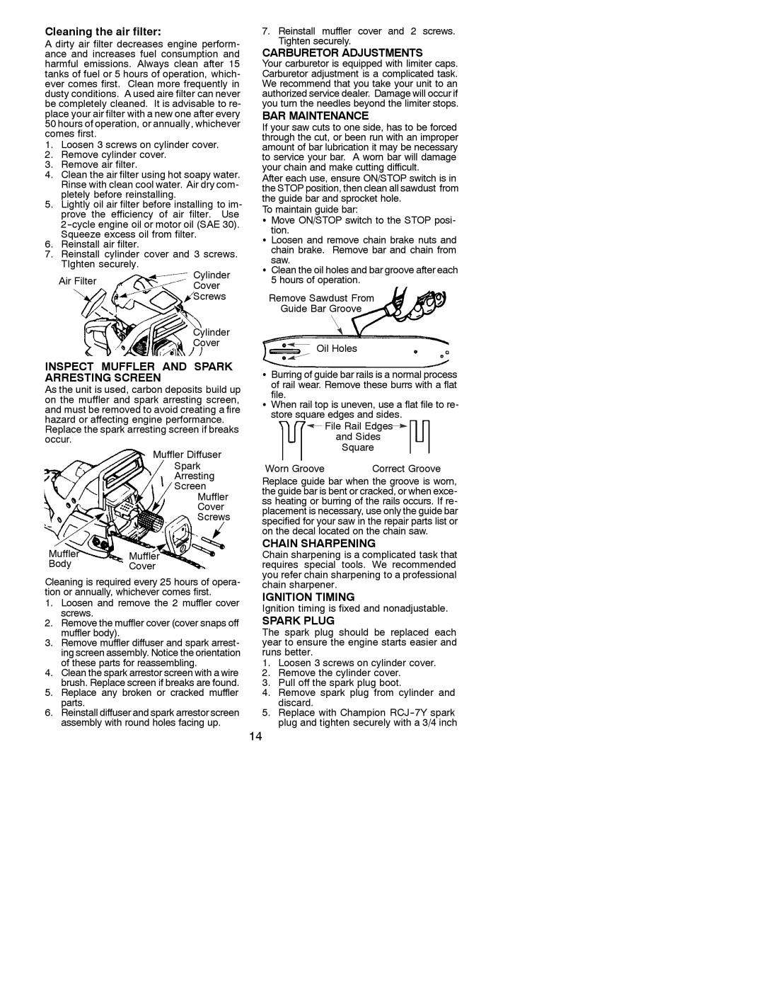 Poulan 530088310 Inspect Muffler and Spark Arresting Screen, Carburetor Adjustments, BAR Maintenance, Chain Sharpening 