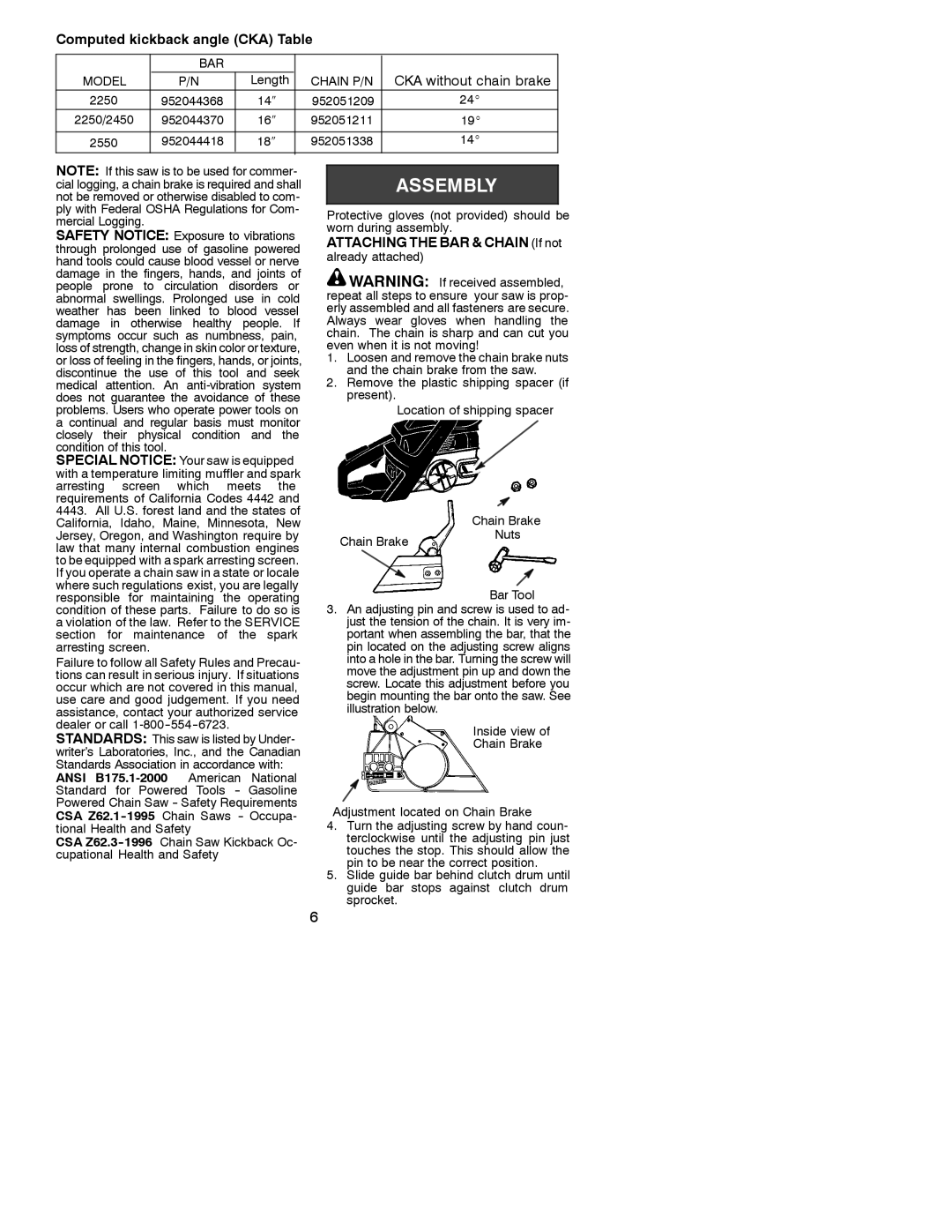 Poulan 530088310, 2002-06 instruction manual Computed kickback angle CKA Table, Attaching the BAR & Chain If not 