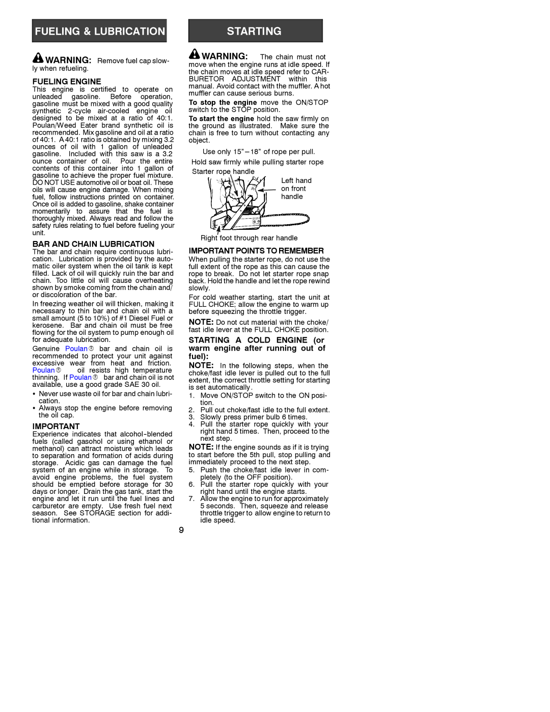 Poulan 2002-06, 530088310 instruction manual Fueling Engine, BAR and Chain Lubrication, Important Points to Remember 