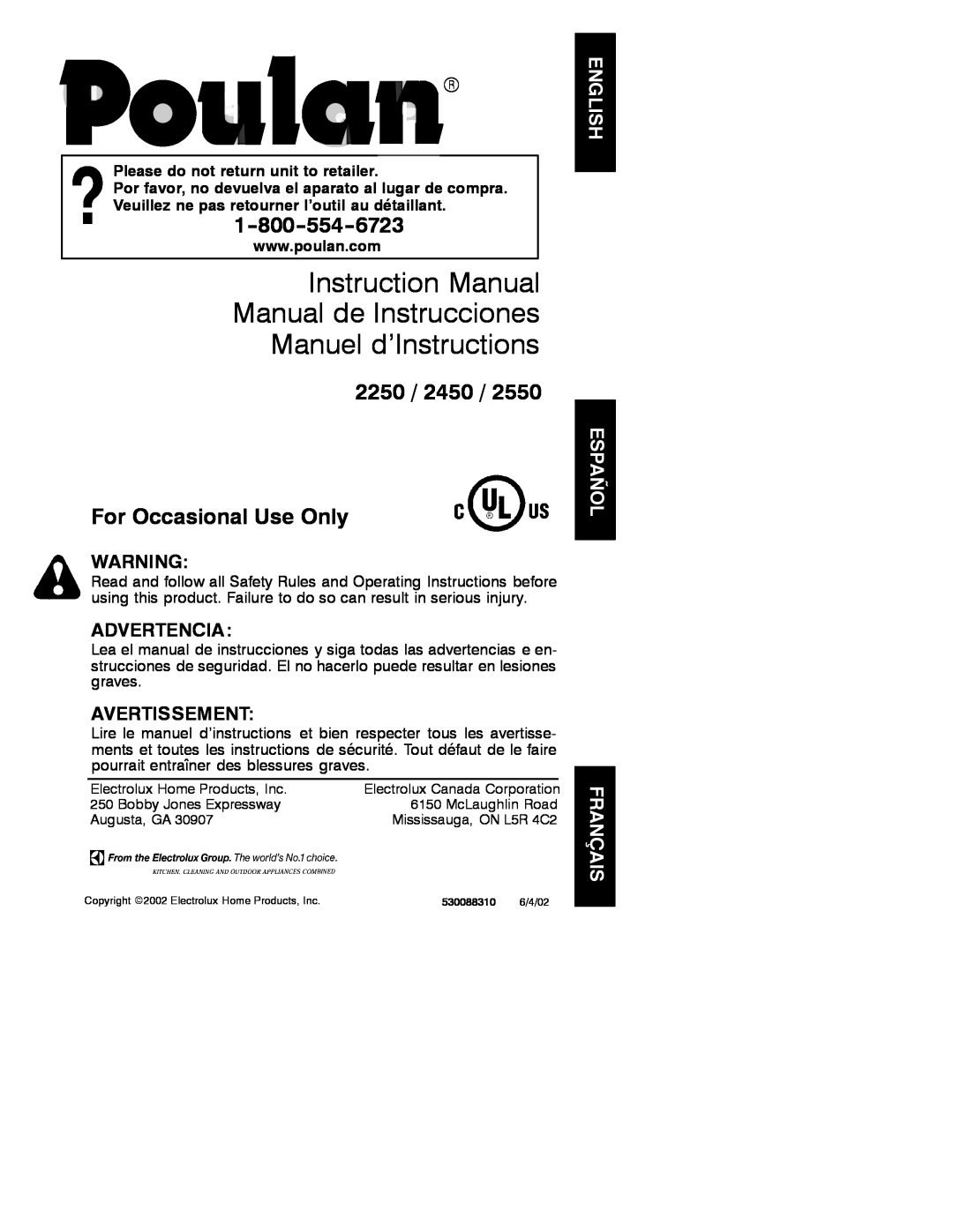 Poulan 2002-06 instruction manual Manuel d’Instructions, 2250 / 2450 / For Occasional Use Only, Advertencia, Avertissement 