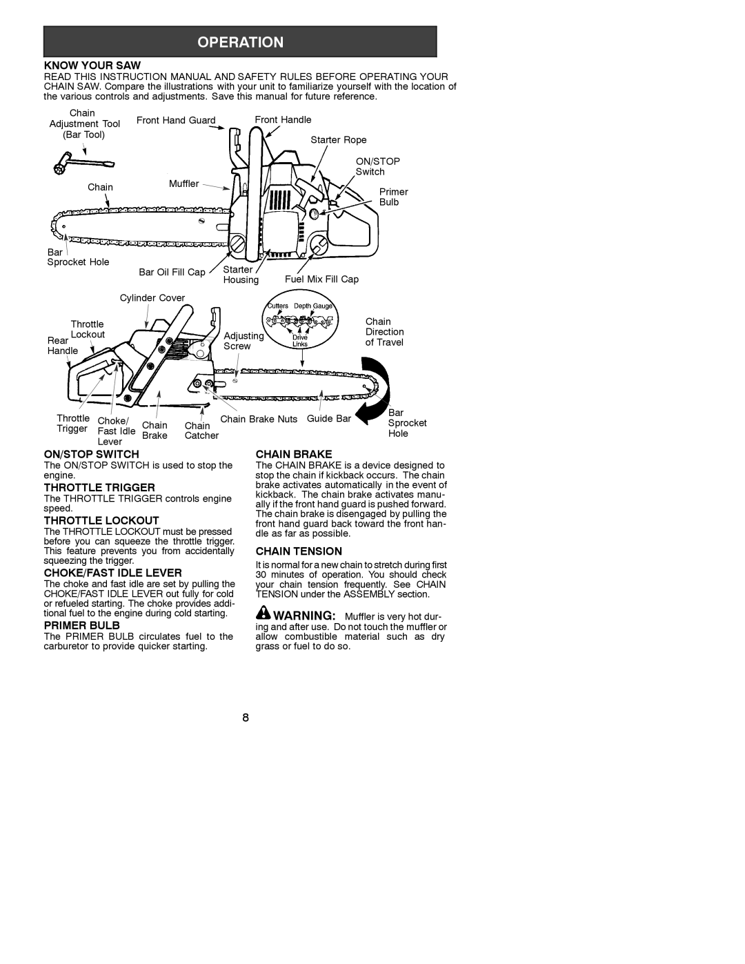 Poulan 530088311 Know Your SAW, ON/STOP Switch, Throttle Trigger, Throttle Lockout, CHOKE/FAST Idle Lever, Primer Bulb 