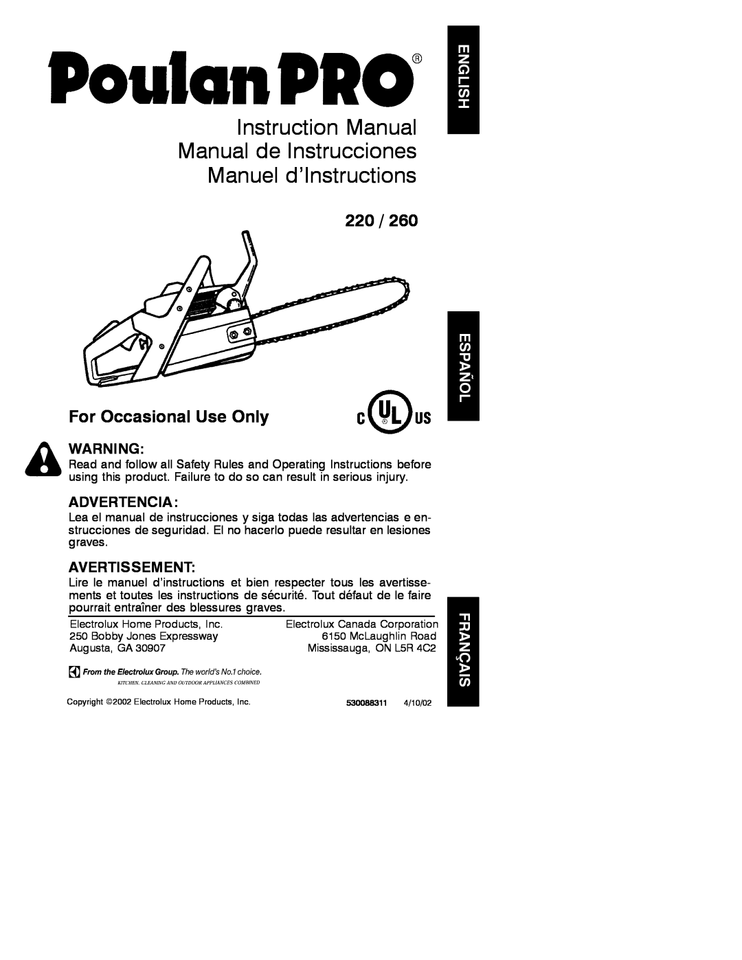 Poulan 530088311 instruction manual For Occasional Use Only, Advertencia, Avertissement 