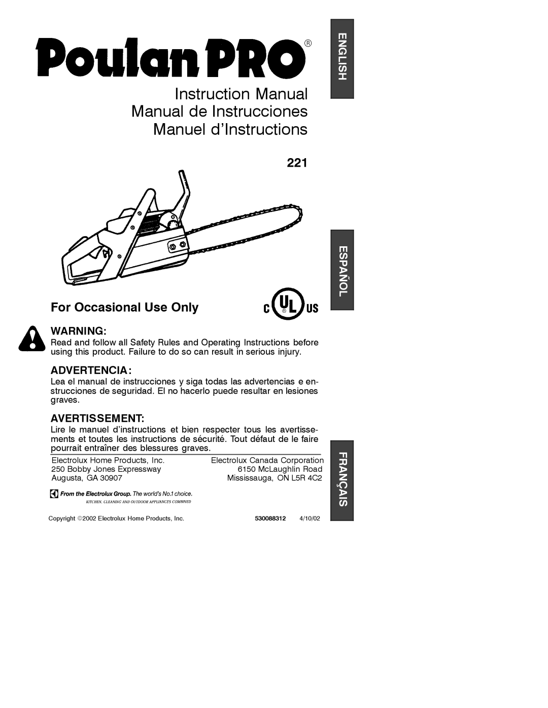 Poulan 530088312 instruction manual Manual de Instrucciones Manuel d’Instructions 