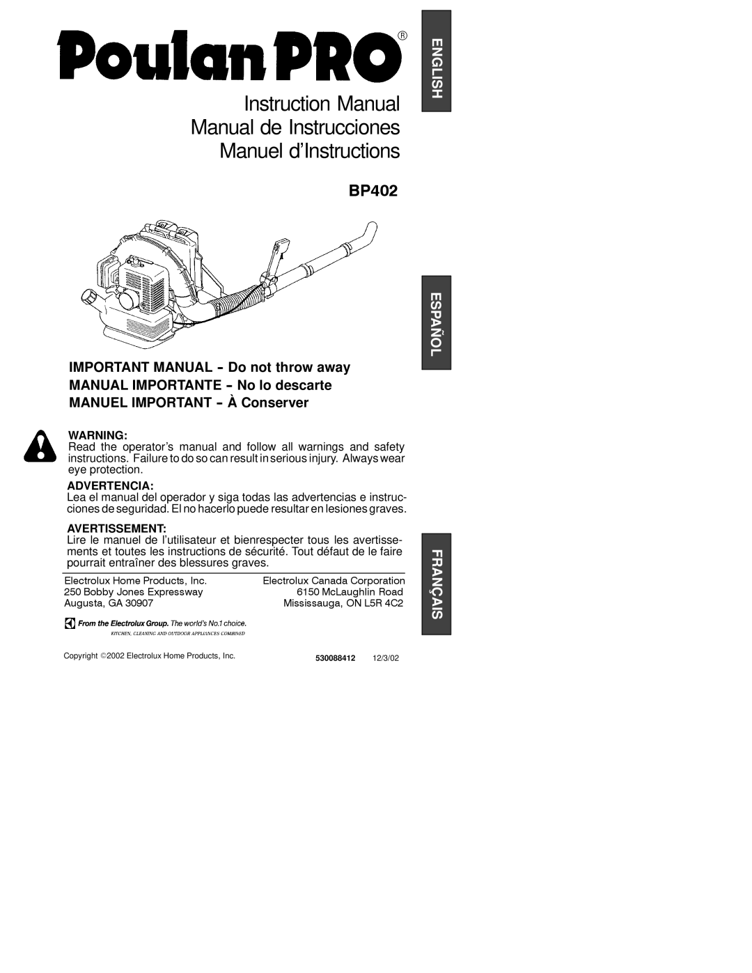 Poulan 530088412 instruction manual Manual de Instrucciones Manuel d’Instructions 