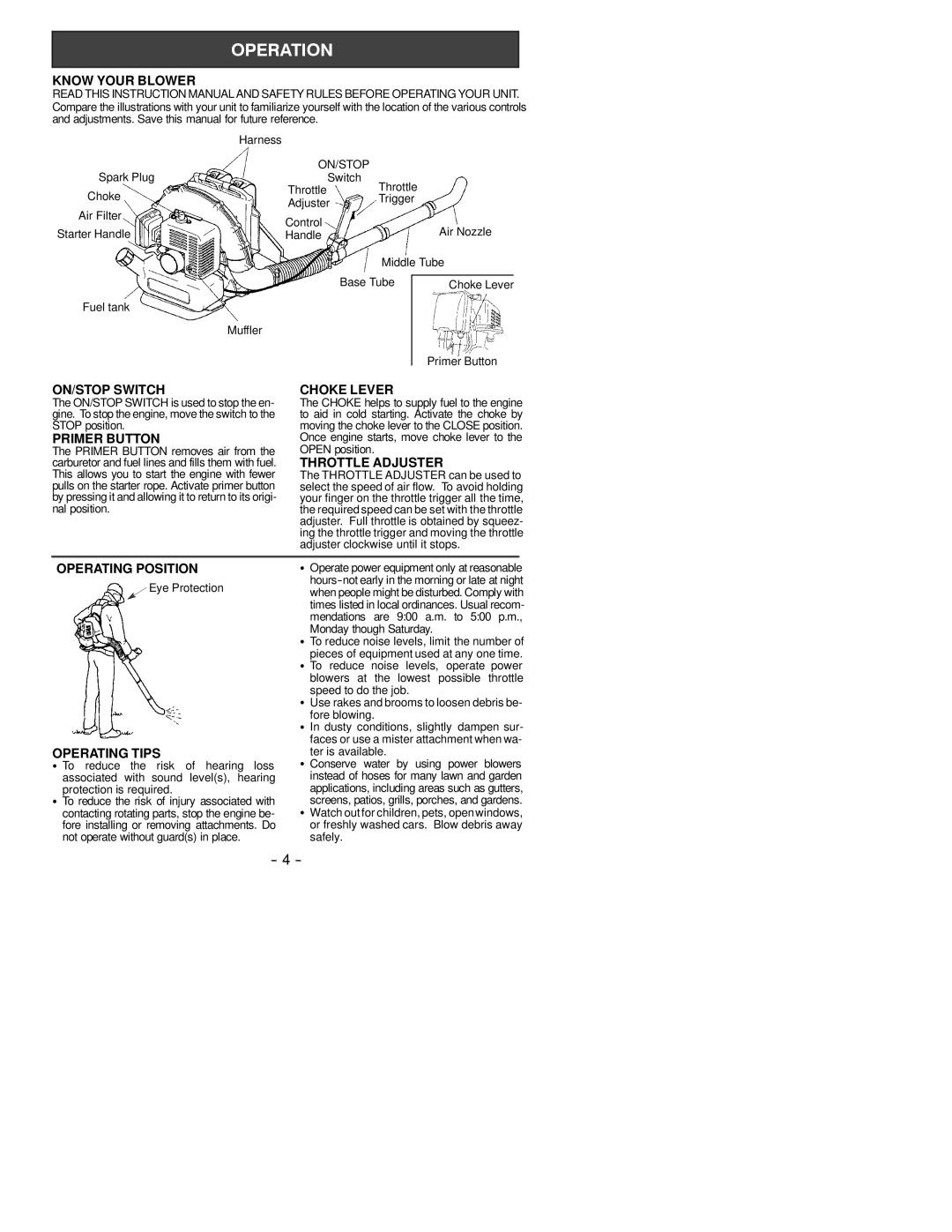 Poulan 530088412 Know Your Blower, ON/STOP Switch, Primer Button, Choke Lever, Throttle Adjuster, Operating Position 