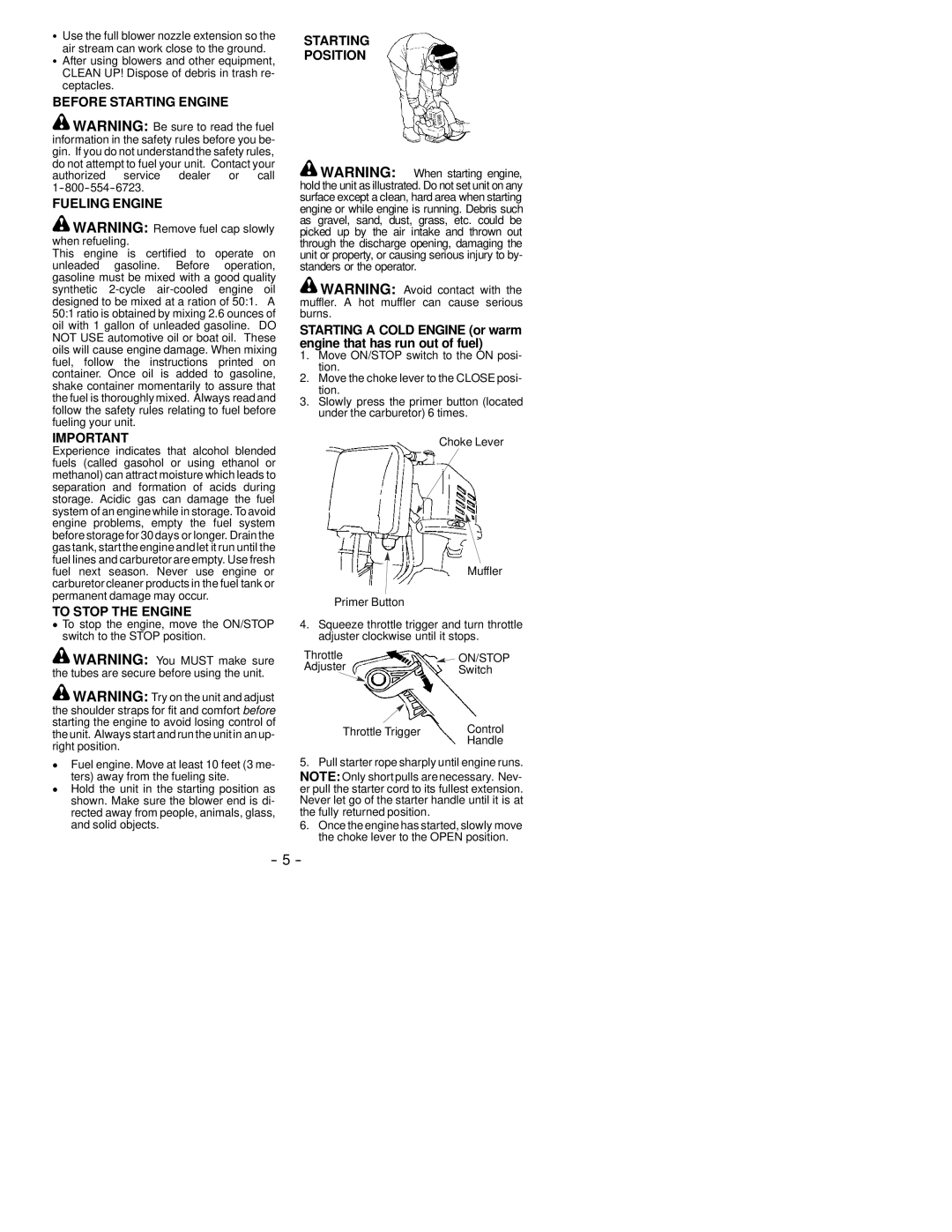 Poulan 530088412 instruction manual Before Starting Engine Fueling Engine, To Stop the Engine, Starting Position 