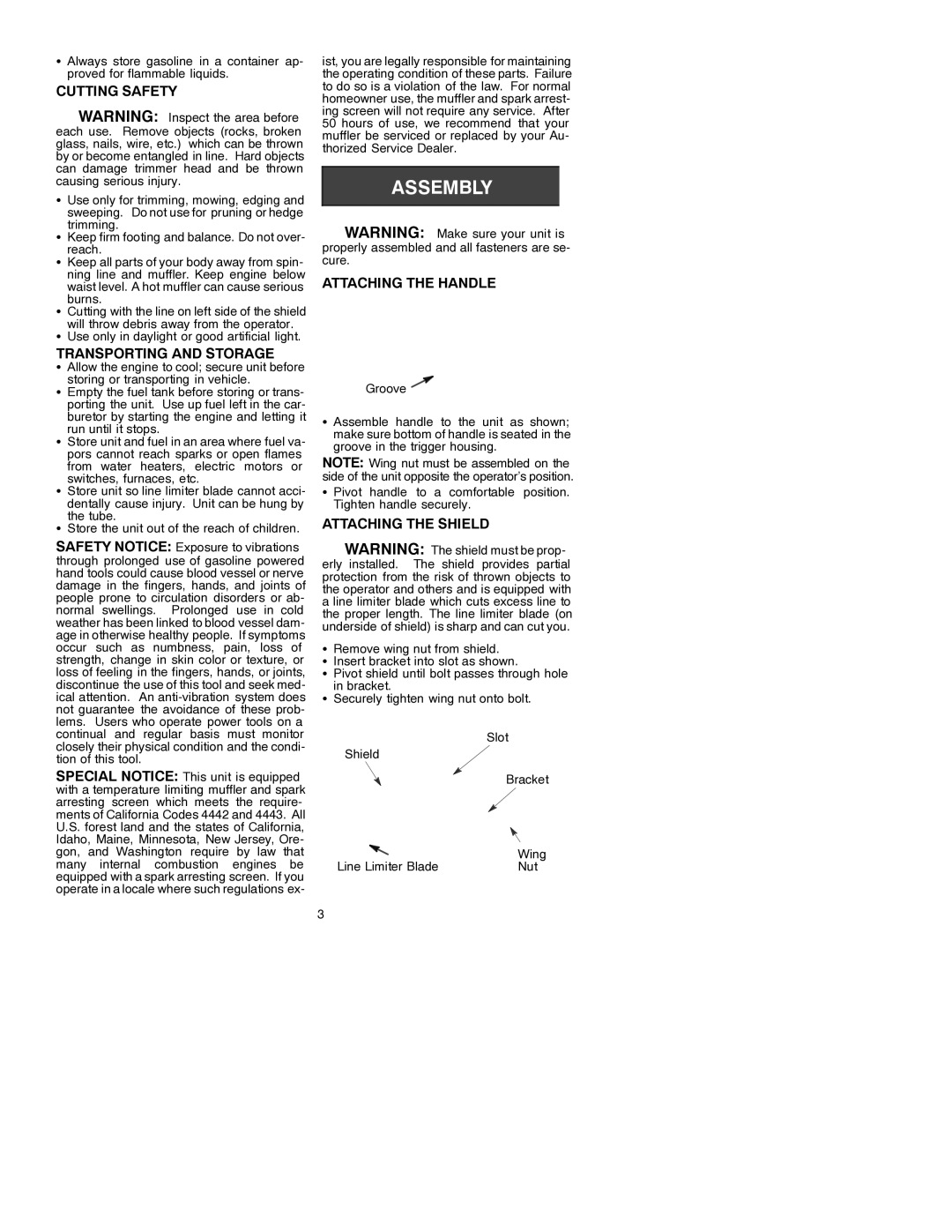 Poulan 530088739 manual Cutting Safety, Transporting and Storage, Attaching the Handle, Attaching the Shield 