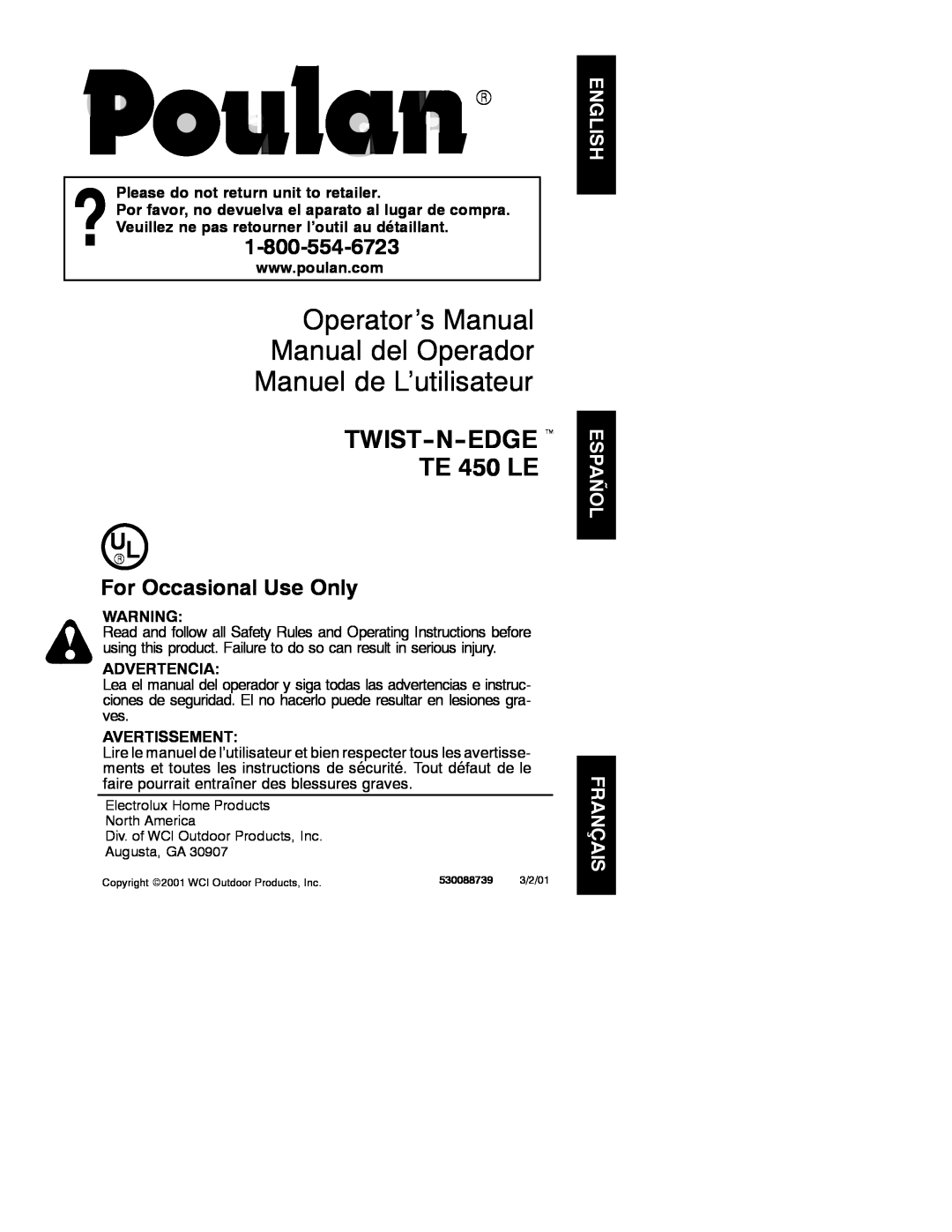 Poulan 530088739 manual Operator’s Manual Manual del Operador, Manuel de L’utilisateur, TWIST-N-EDGE t TE 450 LE 