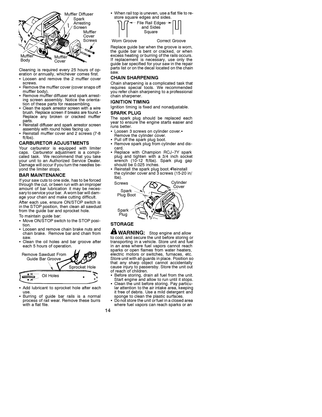 Poulan 530088740 manual Carburetor Adjustments, BAR Maintenance, Chain Sharpening, Ignition Timing, Spark Plug 