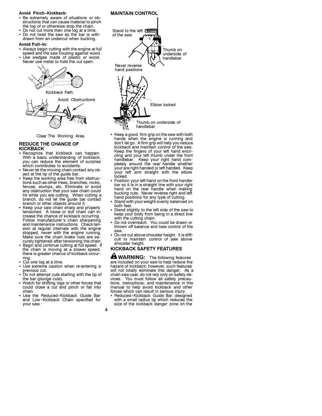 Poulan 530088740 manual Maintain Control, Reduce the Chance Kickback, Kickback Safety Features 