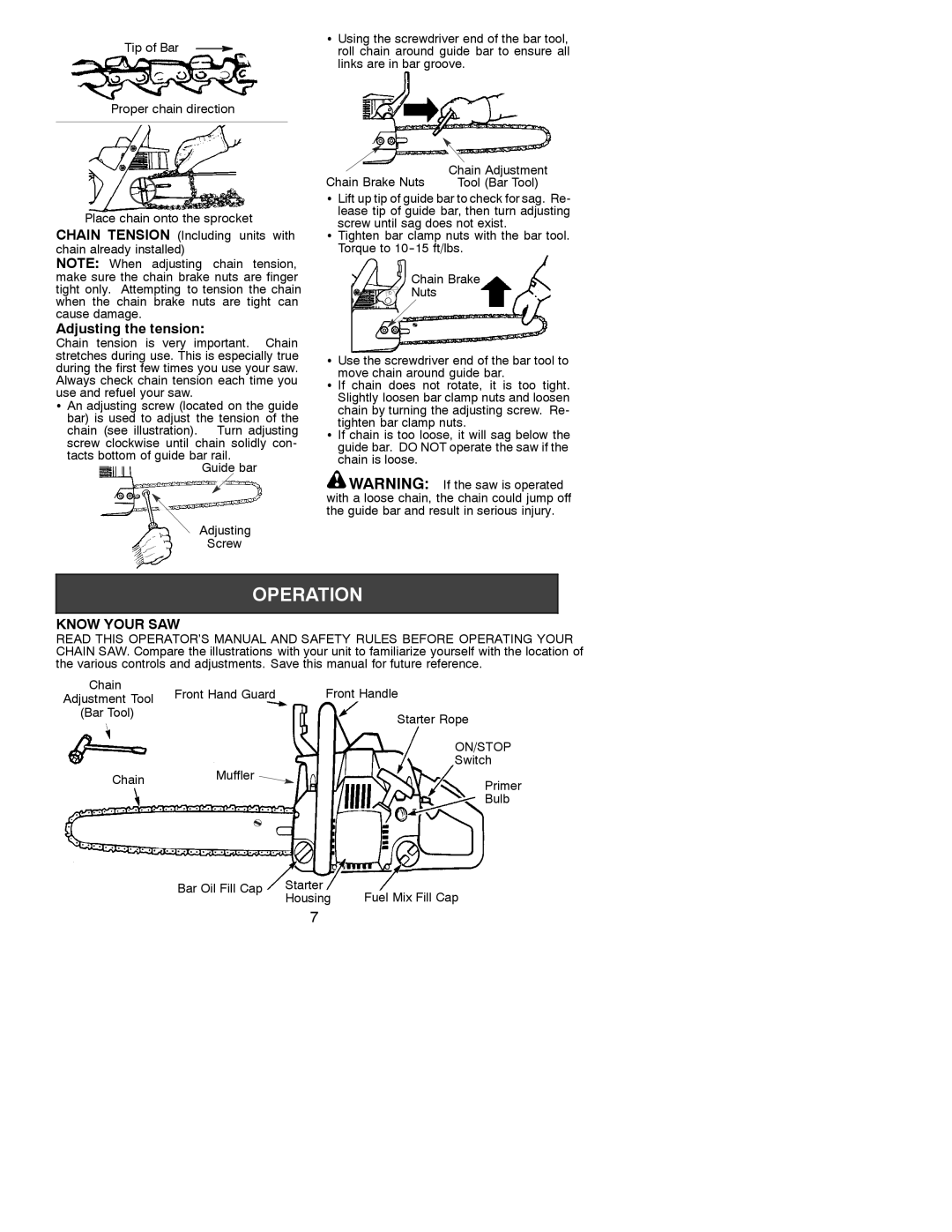 Poulan 530088740 manual Adjusting the tension, Know Your SAW 