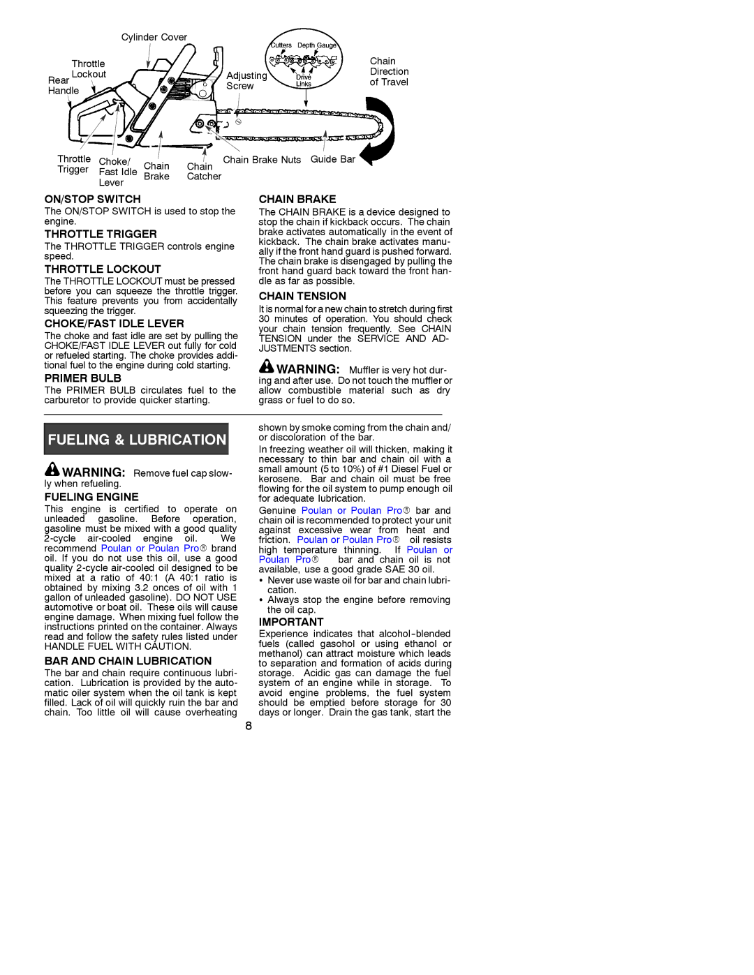 Poulan 530088740 ON/STOP Switch Chain Brake, Throttle Trigger, Throttle Lockout, Chain Tension, CHOKE/FAST Idle Lever 