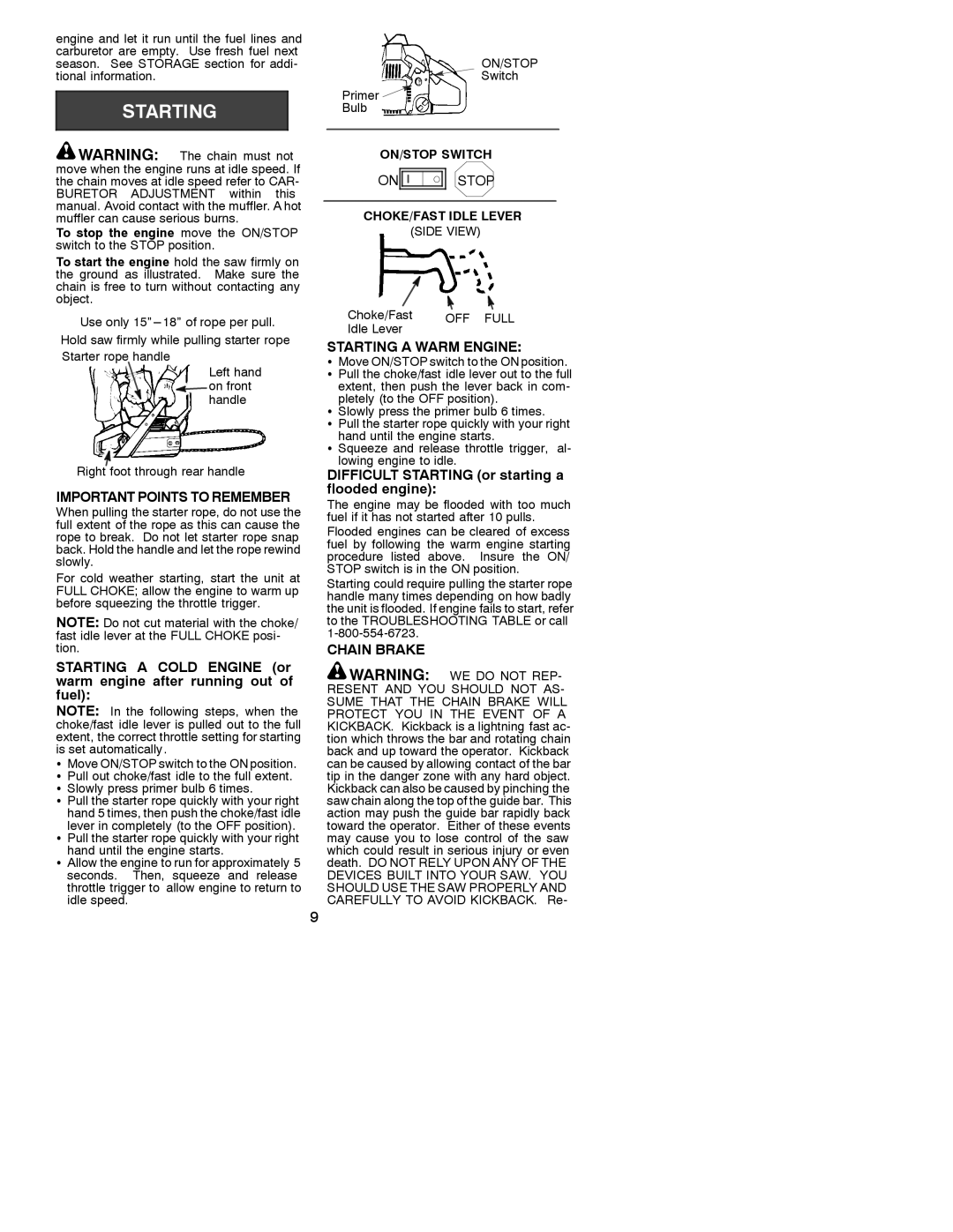 Poulan 530088740 Important Points to Remember, Starting a Warm Engine, Difficult Starting or starting a flooded engine 