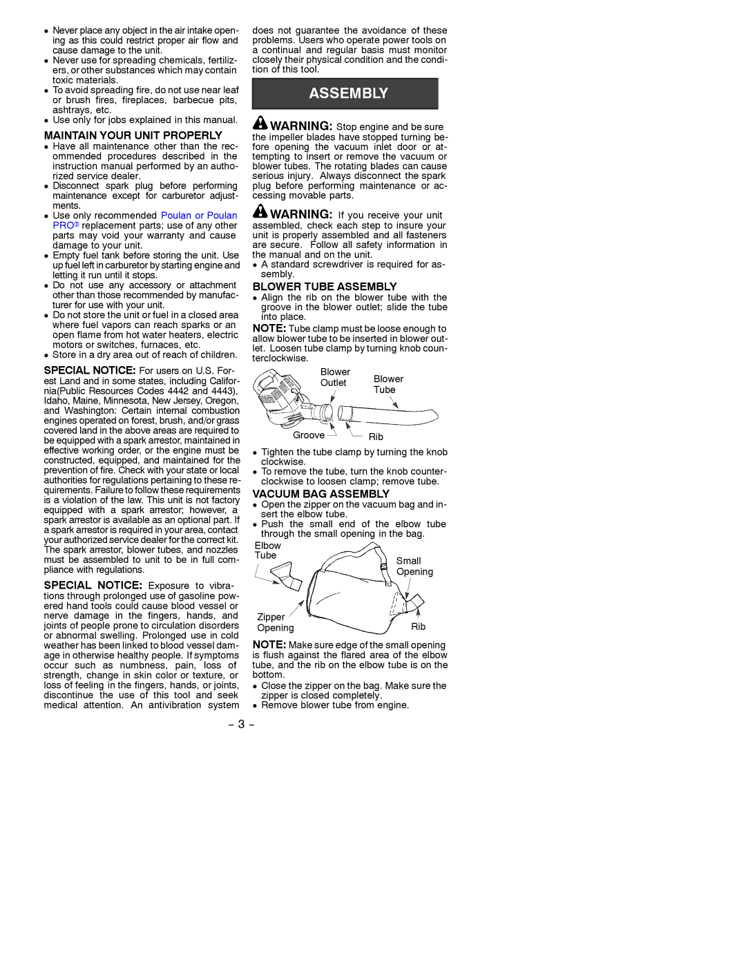 Poulan 530088741 instruction manual Maintain Your Unit Properly, Blower Tube Assembly, Vacuum BAG Assembly 