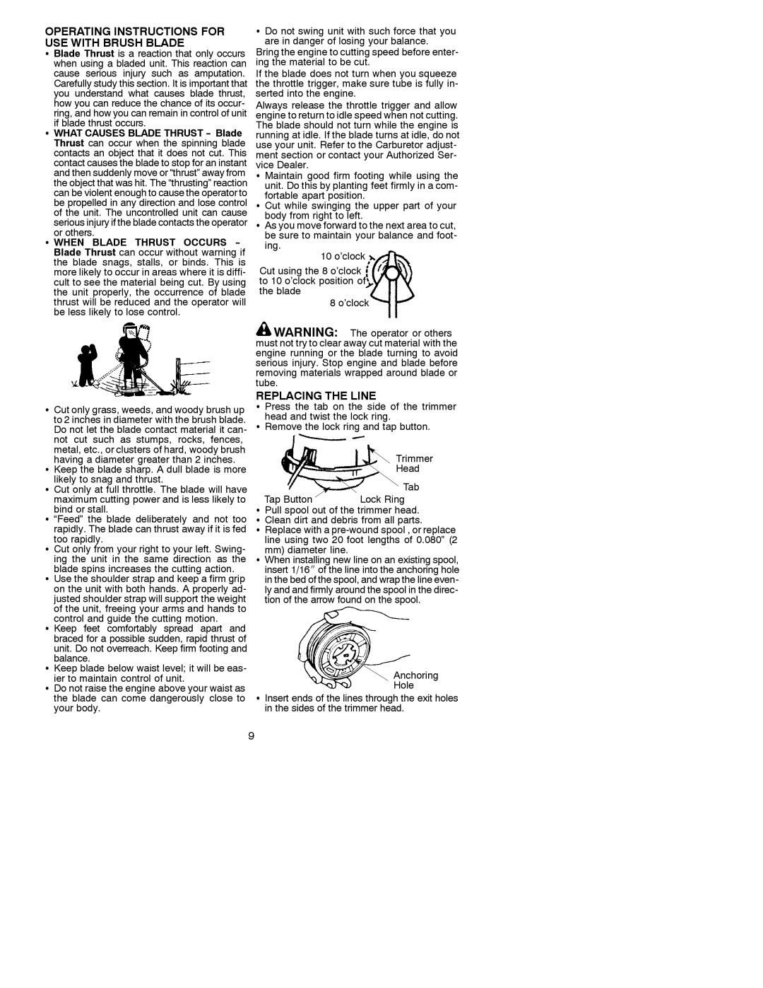 Poulan 530088777 manual Operating Instructions for USE with Brush Blade, Replacing the Line, Or others, Mm diameter line 