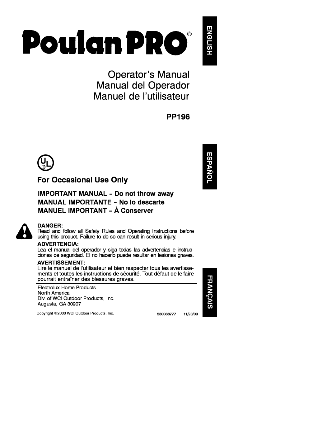 Poulan 530088777 manual Operator’s Manual Manual del Operador Manuel de l’utilisateur, PP196, For Occasional Use Only 
