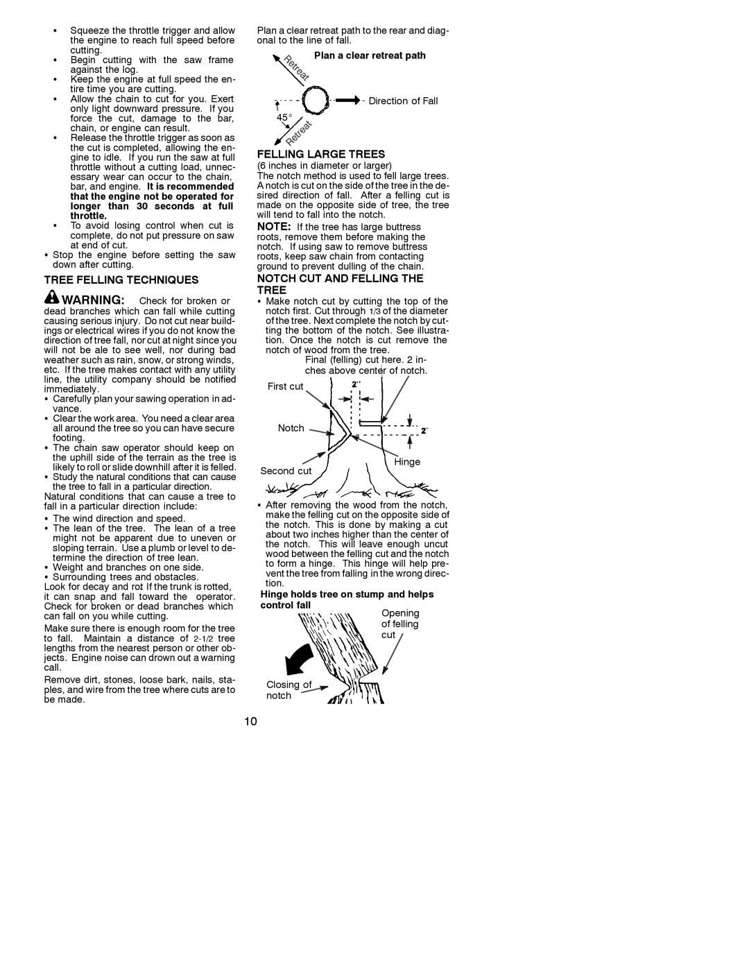 Poulan 530088786 manual Tree Felling Techniques, Felling Large Trees, Notch CUT and Felling the Tree 