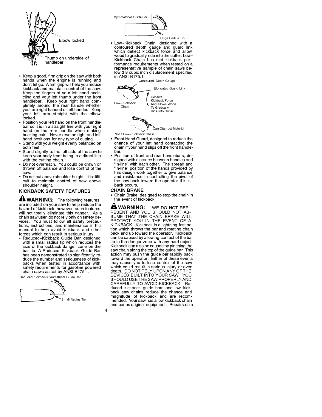 Poulan 530088786 manual Kickback Safety Features, Chain Brake 