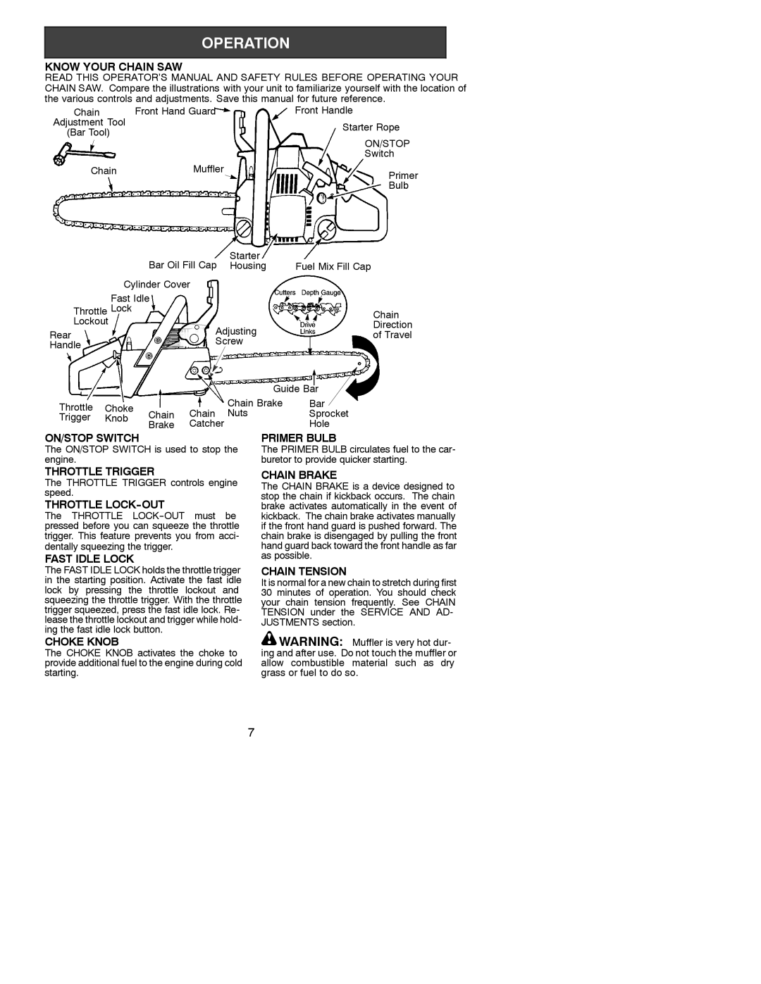 Poulan 530088786 Know Your Chain SAW, ON/STOP Switch, Throttle Trigger, Throttle LOCK-OUT, Fast Idle Lock, Choke Knob 