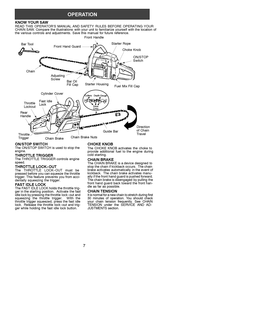 Poulan 530088788 Know Your SAW, ON/STOP Switch, Throttle Trigger, Throttle LOCK-OUT, Fast Idle Lock, Choke Knob 