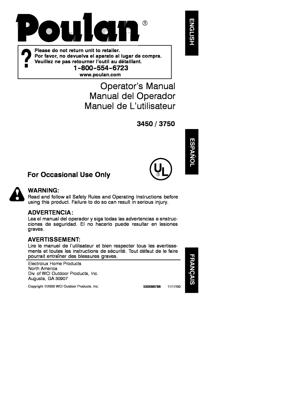 Poulan 530088788 operating instructions Operator’s Manual Manual del Operador Manuel de L’utilisateur, 3450, Advertencia 
